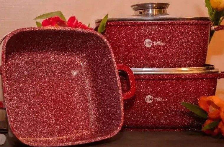 Набор посуды Higher Kitchen из квадратных кастрюль с гранитным покрытием для всех плит НК-302-red фото