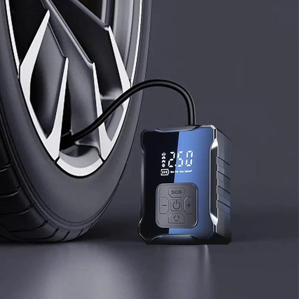 Автомобільний акумуляторний компресор 150 PSI 6000 mAh з дисплеєм, насадками та LED-ліхтариком М-007 Black AV-М007 фото