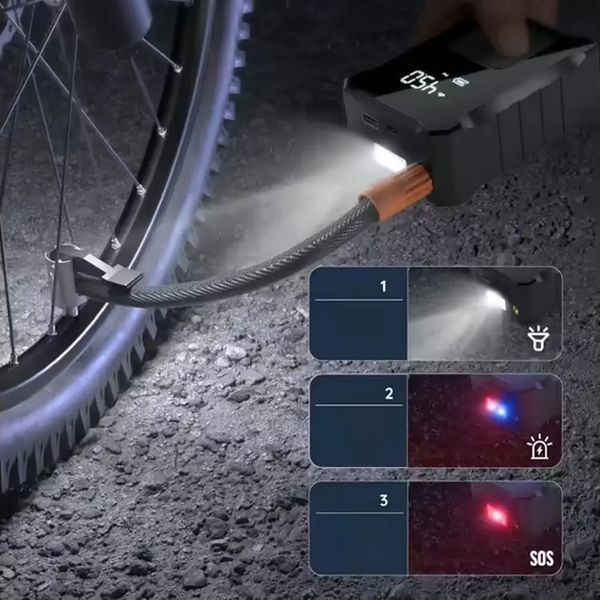 Автомобільний акумуляторний компресор 150 PSI 6000 mAh з дисплеєм, насадками та LED-ліхтариком М-007 Black AV-М007 фото