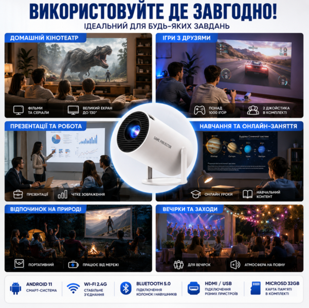 Проектор M300 MAX 2в1 с игровой консолью, Wi-Fi 2.4G, Full HD &mdash; смарт-проектор с 2 джойстиками и экраном 220х127 см JV-M300-MAX фото