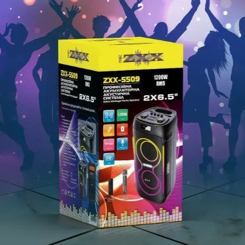 Переносна Bluetooth колонка 1200Вт 2x6,5" з бездротовим мікрофоном та пультом ZXX-5509 ZXX-5509 фото