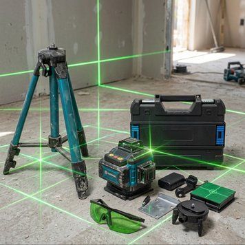 Лазерный уровень 4D на 16 линий с зеленым лучом и штативом 1м в кейсе | Строительный лазерный нивелир на аккумуляторе AV-4D16 фото