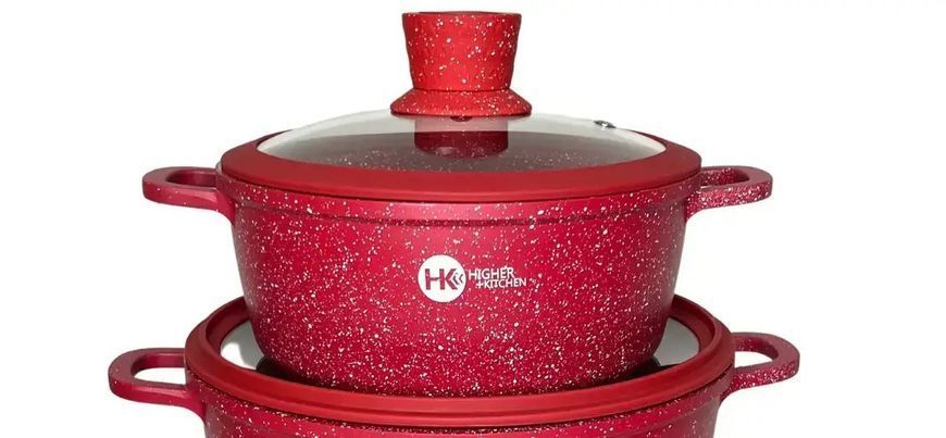 Набор посуды Higher Kitchen из 3 кастрюль с антипригарным гранитным покрытием с отверстием в крышках HK-325-red фото