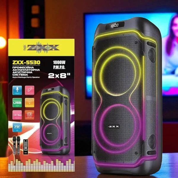 Портативна акустична колонка акумуляторна ZXX-5530 80 Вт з 8-дюймовими динаміками та 2 мікрофонами ZXX-5530 фото