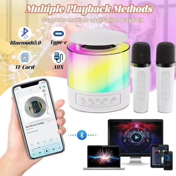 Караоке-колонка K19 5Вт портативная на аккумуляторе 1000мАч с BT, TF, USB, AUX и LED-подсветкой RGB, 2 микроф K18-bl фото